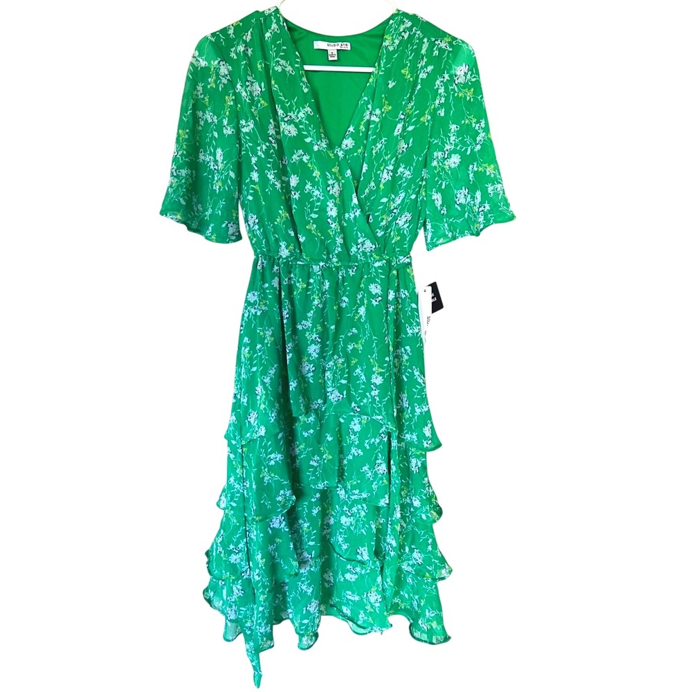 Studio One New York Green Floral Tiered Ruffle flowy Midi Dress cottagecore